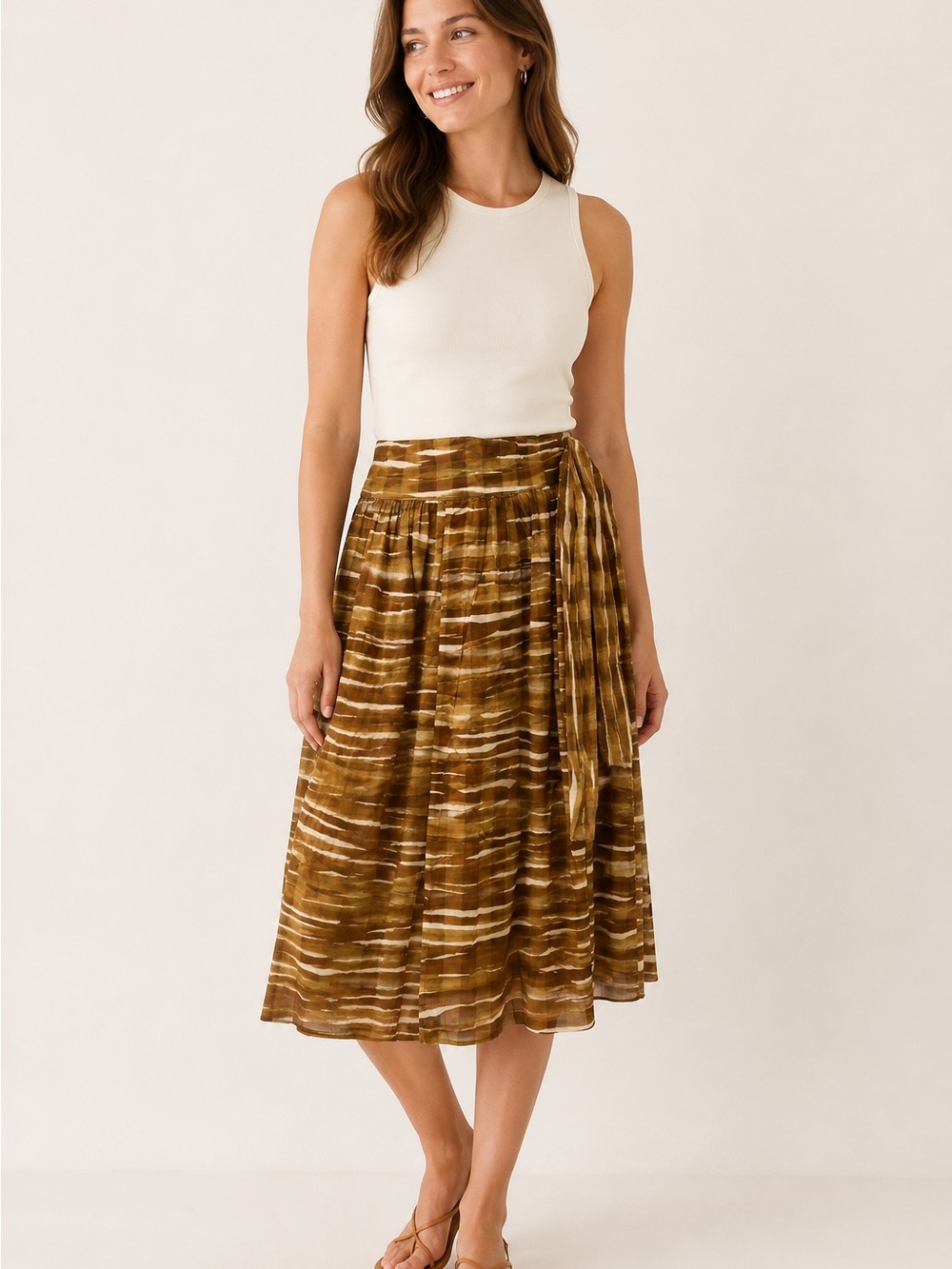 HUMANOID Brown Abstract Stripe Tie Waist A-Line Midi Skirt Boho xl x large